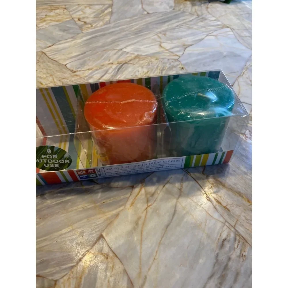 Patio Companion Set of‎ 2 Citronella Pillar Candles Orange Teal Outdoor Use